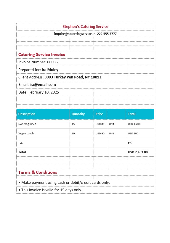 Editable Catering Service Invoice Template PSD template